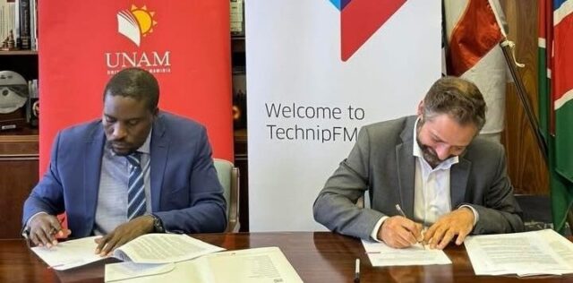 Nam Technip UNAM Vice Chancellor Kenneth Matengu and TechnipFMC’s Namibia Country Manager Brice Lacrampette signed the MoU, which follows a similar partnership signed last year with the Namibia University of Science and Technology